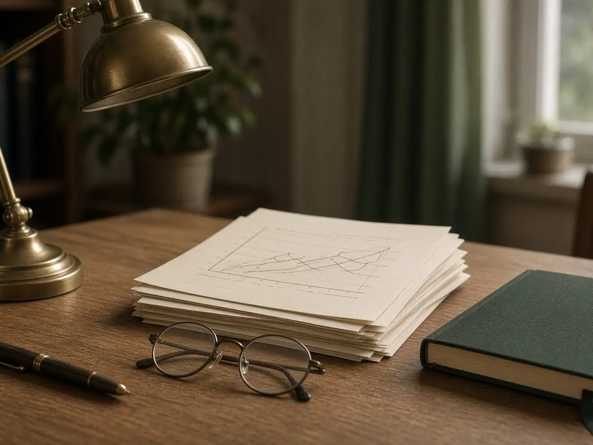 Quiet study desk with printed research notes